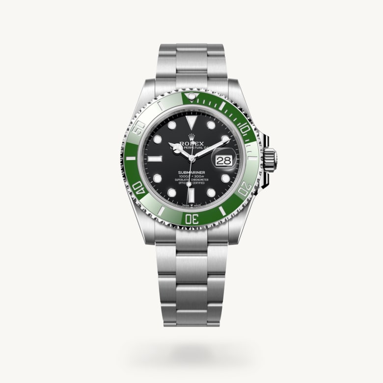Rolex Submariner Date [M126610LV-0002] in oystersteel with a black dial, unidirectional rotatable 60-minute graduated, scratch-resistant cerachrom insert in green ceramic, numerals and graduations coated in platinum bezel, and oystersteel bracelet - Kirk Freeport