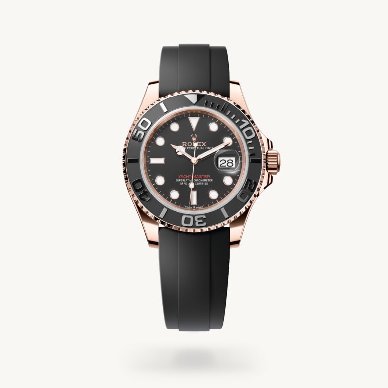 Rolex Yacht-Master 40 [M126655-0002] in 18 ct everose gold with a intense black dial, bidirectional rotatable 60-minute graduated bezel with matt black cerachrom insert in ceramic, polished raised numerals and graduations bezel, and flexible metal blades overmoulded with high-performance elastomer bracelet - Kirk Freeport
