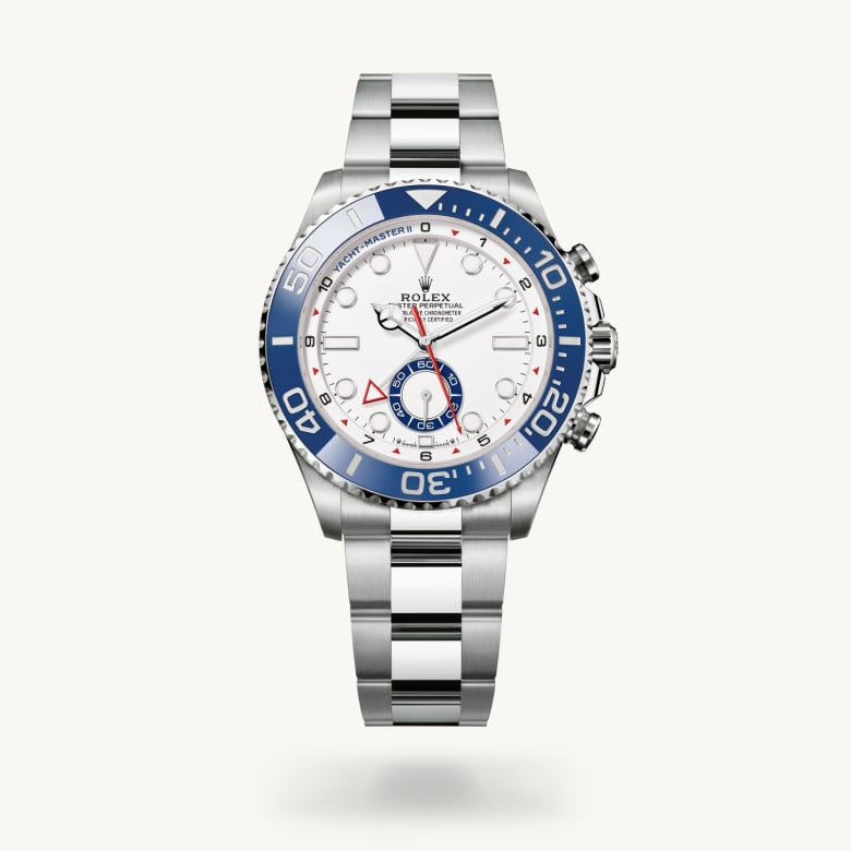 Rolex Yacht-Master II [M126680-0001] in oystersteel with a white dial, bidirectional rotatable 60-minute graduated bezel with blue cerachrom insert in ceramic. moulded, recessed graduations and numerals coated with platinum bezel, and oystersteel bracelet - Kirk Freeport