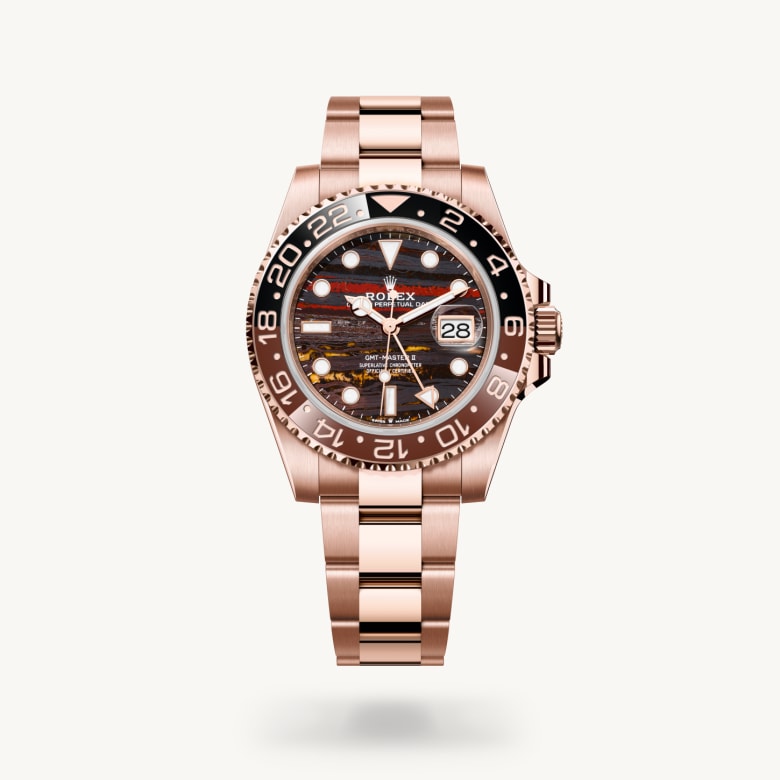 Rolex GMT-Master II [M126715CHNR-0002] in 18 ct everose gold with a tiger iron dial, bidirectional rotatable 24-hour graduated bezel. two-colour brown and black cerachrom insert in ceramic, moulded numerals and graduations bezel, and 18 ct everose gold bracelet - Kirk Freeport