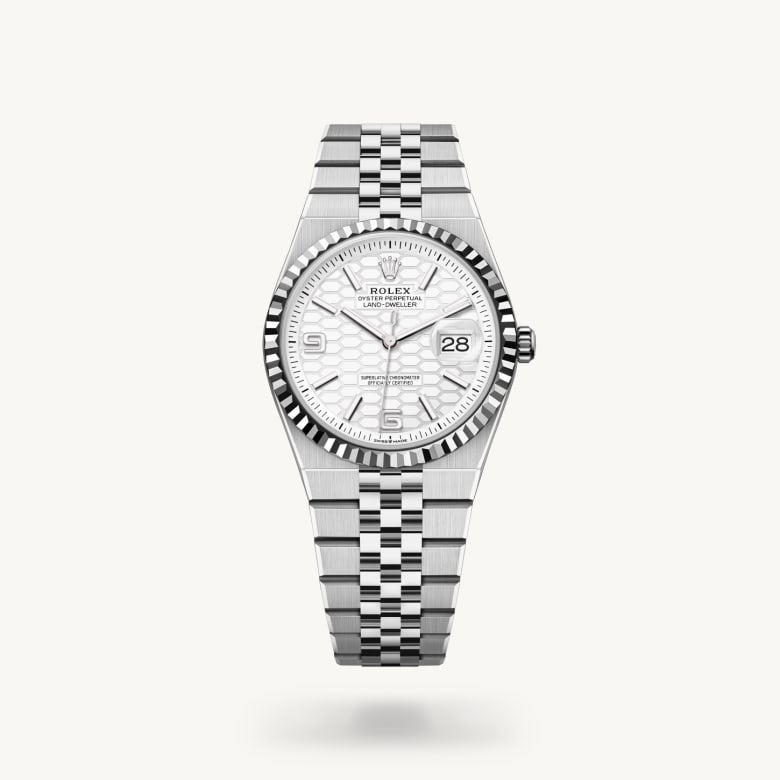 Rolex Land-Dweller 36 [M127234-0001] in white rolesor - combination of oystersteel and white gold with a intense white, honeycomb motif dial, fluted bezel, and oystersteel bracelet - Kirk Freeport