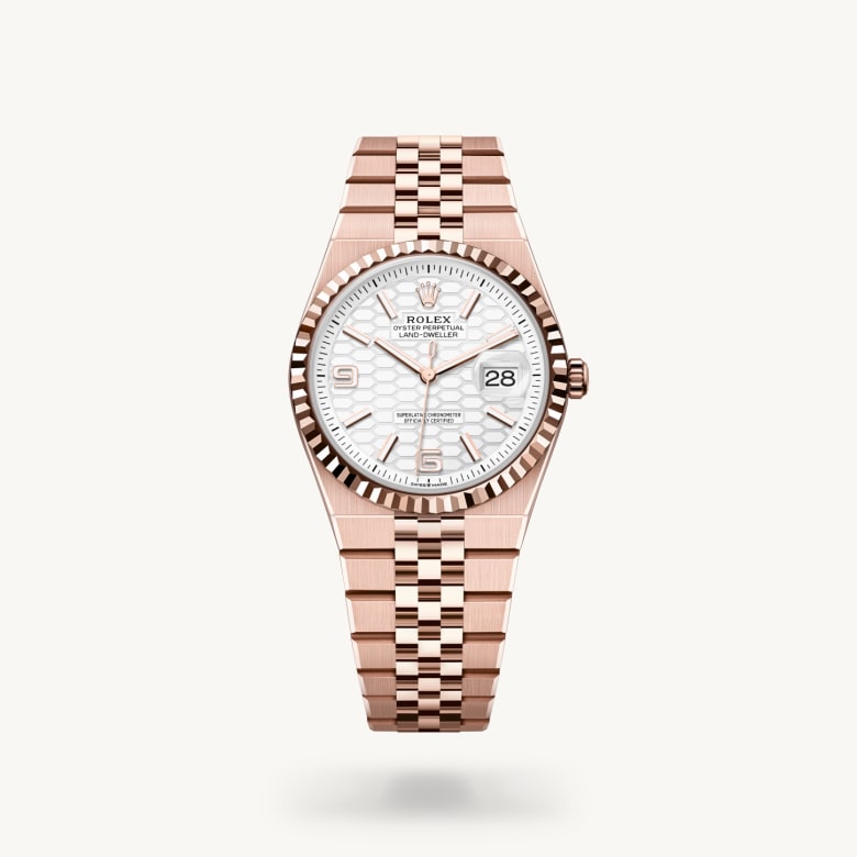 Rolex Land-Dweller 36 [M127235-0001] in 18 ct everose gold with a intense white, honeycomb motif dial, fluted bezel, and 18 ct everose gold bracelet - Kirk Freeport