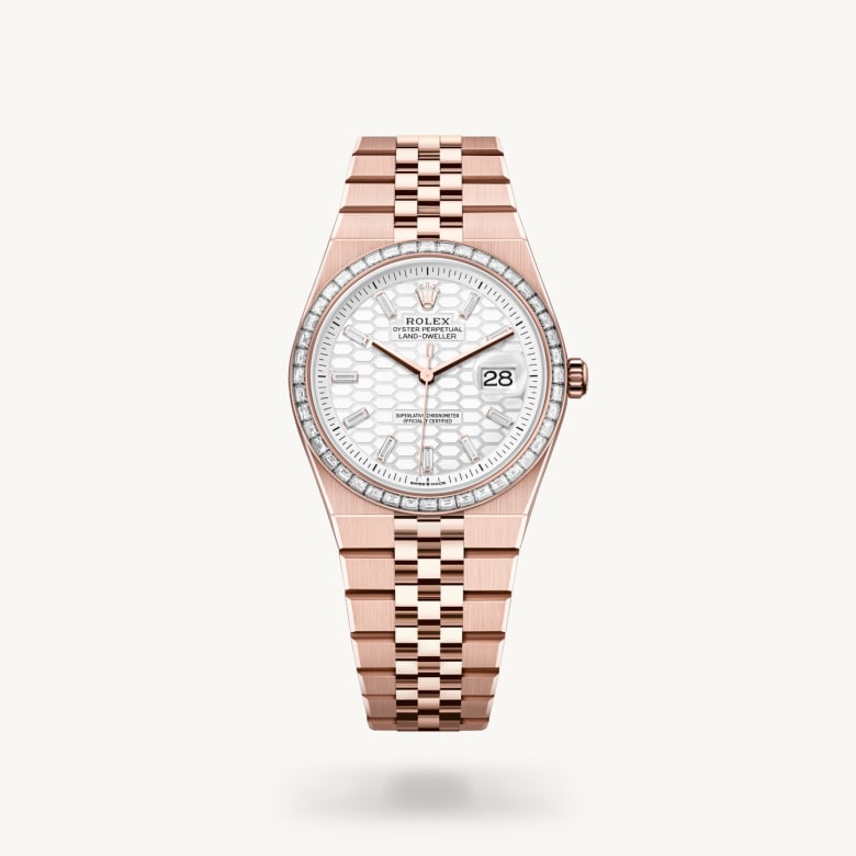 Rolex Land-Dweller 36 [M127285TBR-0002] in 18 ct everose gold with a intense white, honeycomb motif set with diamonds dial, set with diamonds bezel, and 18 ct everose gold bracelet - Kirk Freeport