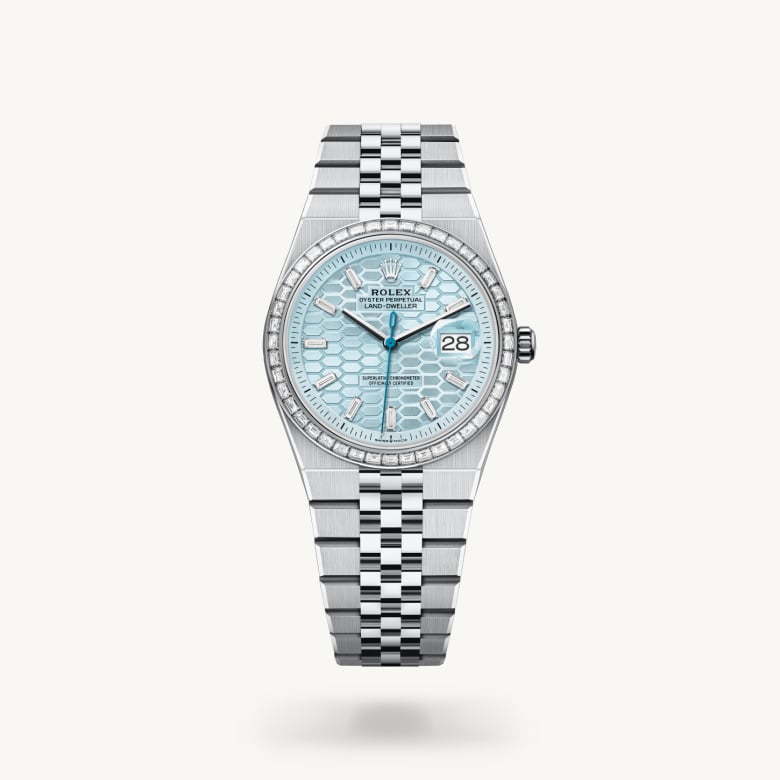 Rolex Land-Dweller 36 [M127286TBR-0001] in platinum with a ice blue, honeycomb motif set with diamonds dial, set with diamonds bezel, and platinum bracelet - Kirk Freeport