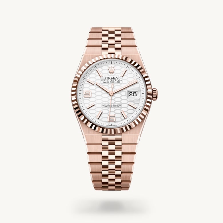 Rolex Land-Dweller 40 [M127335-0001] in 18 ct everose gold with a intense white, honeycomb motif dial, fluted bezel, and 18 ct everose gold bracelet - Kirk Freeport
