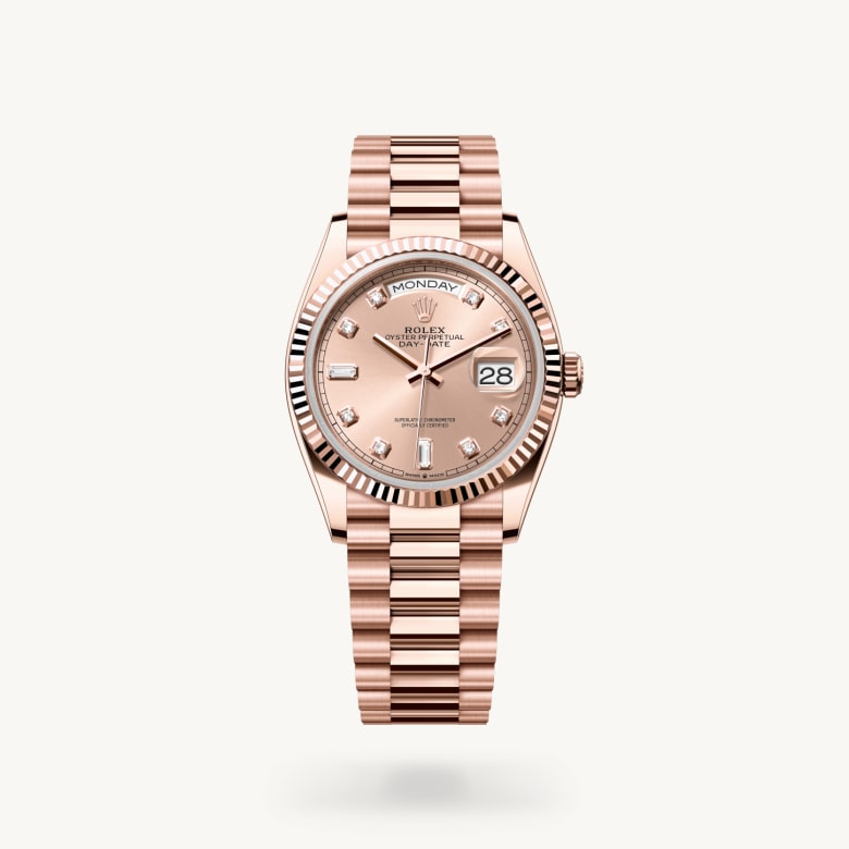 Rolex Day-Date 36 [M128235-0009] in 18 ct everose gold with a rosé-colour set with diamonds dial, fluted bezel, and 18 ct everose gold bracelet - Kirk Freeport