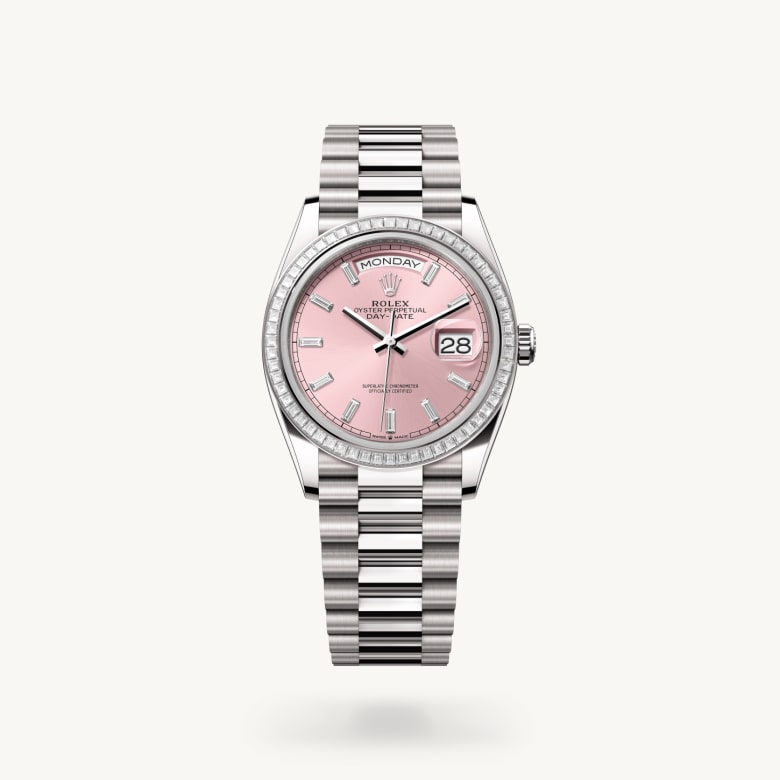 Rolex Day-Date 36 [M128399TBR-0029] in 18 ct white gold with a pink set with diamonds dial, set with diamonds bezel, and 18 ct white gold bracelet - Kirk Freeport