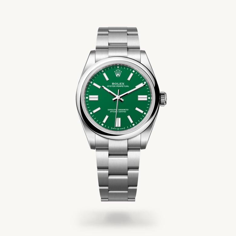 Rolex Oyster Perpetual 41 [M134300-0004] in oystersteel with a green dial, domed bezel, and oystersteel bracelet - Kirk Freeport