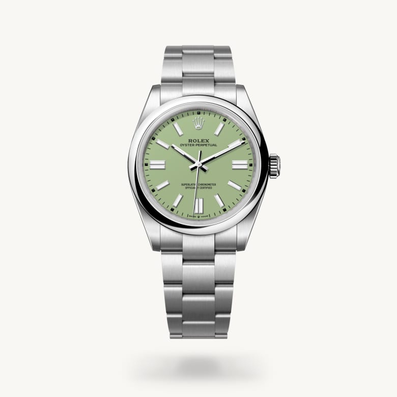 Rolex Oyster Perpetual 41 [M134300-0006] in oystersteel with a pistachio dial, domed bezel, and oystersteel bracelet - Kirk Freeport