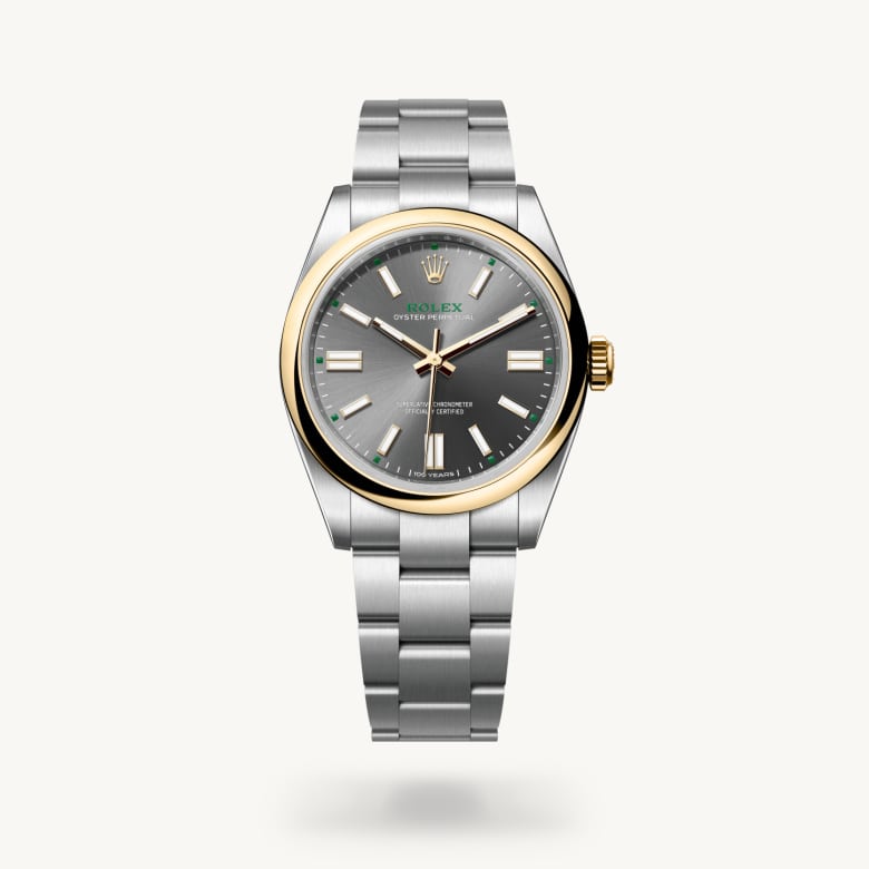 Rolex Oyster Perpetual 41 [M134303-0001] in yellow rolesor - combination of oystersteel and yellow gold with a slate dial, domed bezel, and oystersteel bracelet - Kirk Freeport