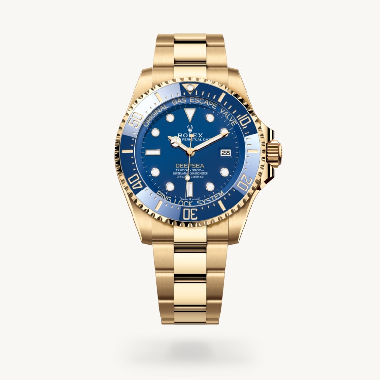 Rolex Rolex Deepsea [M136668LB-0001] in 18 ct yellow gold with a blue dial, unidirectional rotatable 60-minute graduated, scratch-resistant cerachrom insert in blue ceramic, numerals and graduations coated in gold bezel, and 18 ct yellow gold bracelet - Kirk Freeport