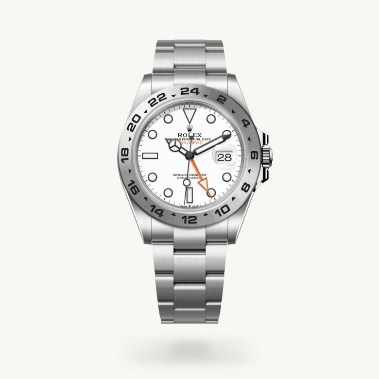 Rolex Explorer II [M226570-0001] in oystersteel with a white dial, fixed, 24-hour graduated bezel, and oystersteel bracelet - Kirk Freeport