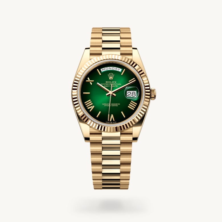 Rolex Day-Date 40 [M228238-0069] in 18 ct yellow gold with a green ombré dial, fluted bezel, and 18 ct yellow gold bracelet - Kirk Freeport