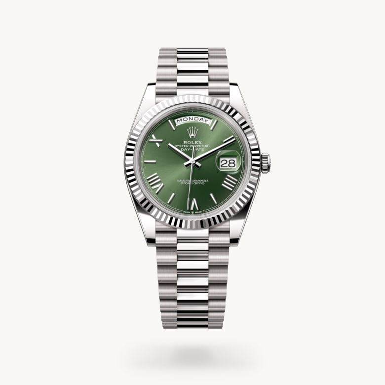Rolex Day-Date 40 [M228239-0033] in 18 ct white gold with a olive green dial, fluted bezel, and 18 ct white gold bracelet - Kirk Freeport
