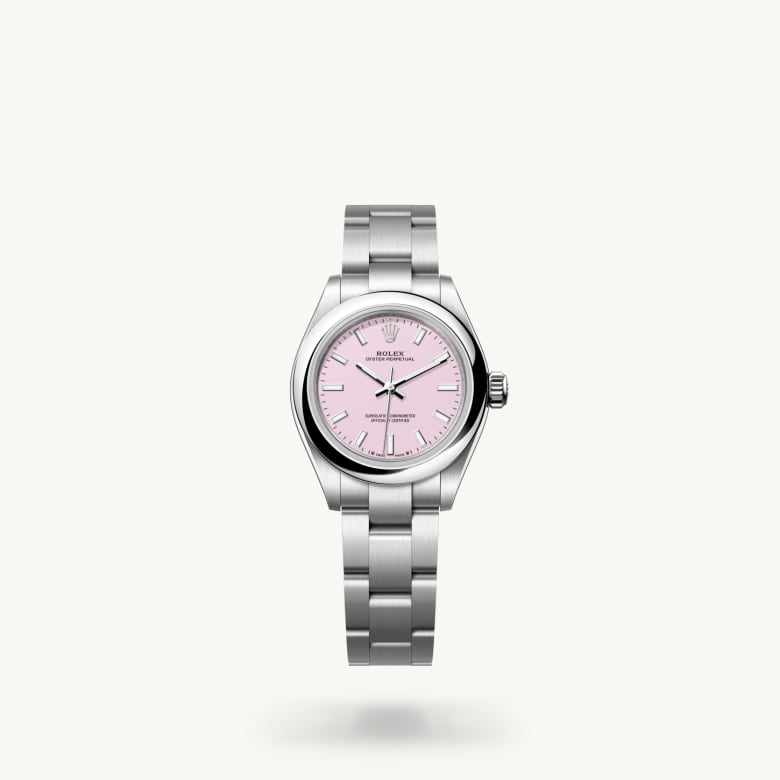 Rolex Oyster Perpetual 28 [M276200-0009] in oystersteel with a candy pink dial, domed bezel, and oystersteel bracelet - Kirk Freeport