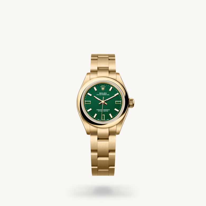 Rolex Oyster Perpetual 28 [M276208-0002] in 18 ct yellow gold with a green stone dial, domed bezel, and 18 ct yellow gold bracelet - Kirk Freeport
