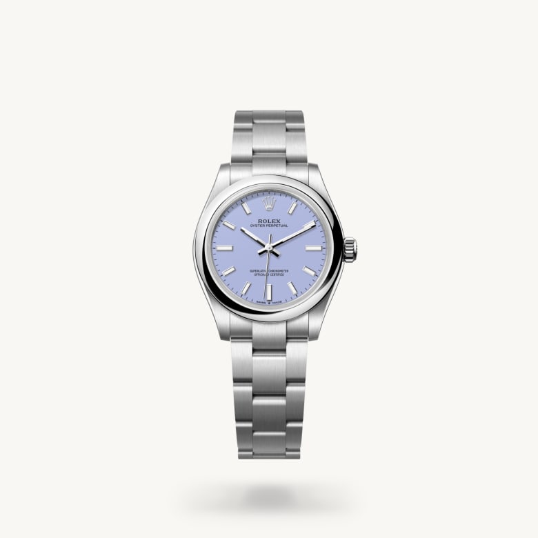 Rolex Oyster Perpetual 31 [M277200-0014] in oystersteel with a lavender dial, domed bezel, and oystersteel bracelet - Kirk Freeport