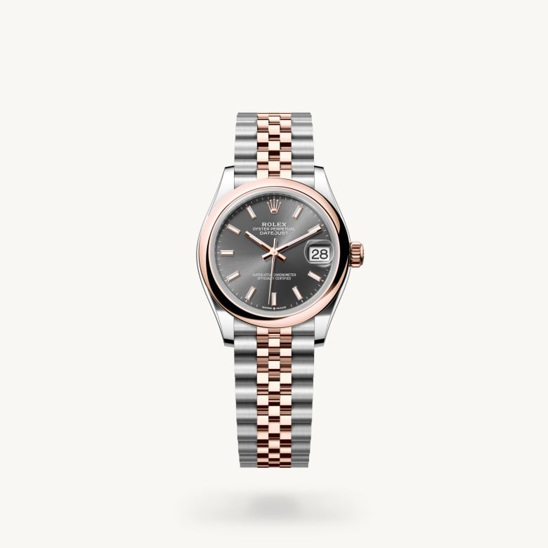 Rolex Datejust 31 [M278241-0018] in everose rolesor - combination of oystersteel and everose gold with a slate dial, domed bezel, and everose rolesor - combination of oystersteel and everose gold bracelet - Kirk Freeport