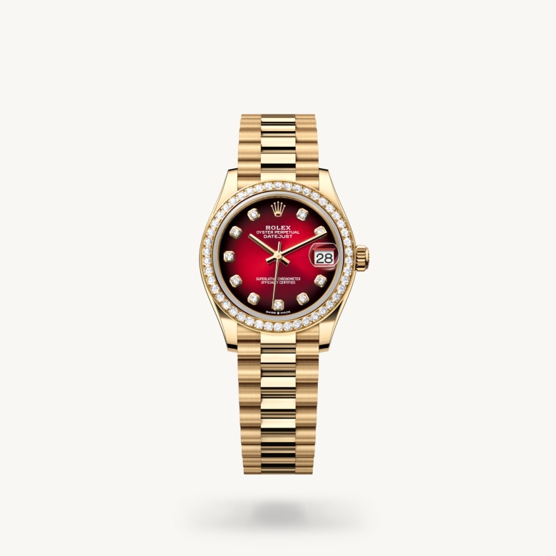 Rolex Datejust 31 [M278288RBR-0041] in 18 ct yellow gold with a red ombré set with diamonds dial, diamond-set bezel, and 18 ct yellow gold bracelet - Kirk Freeport