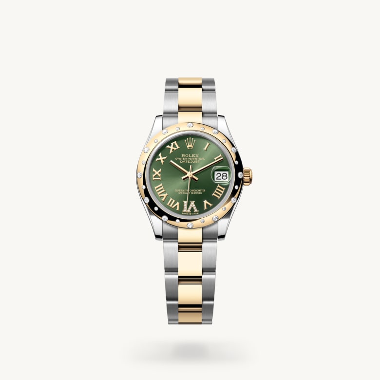 Rolex Datejust 31 [M278343RBR-0015] in yellow rolesor - combination of oystersteel and yellow gold with a olive green set with diamonds dial, domed, set with diamonds bezel, and yellow rolesor - combination of oystersteel and yellow gold bracelet - Kirk Freeport