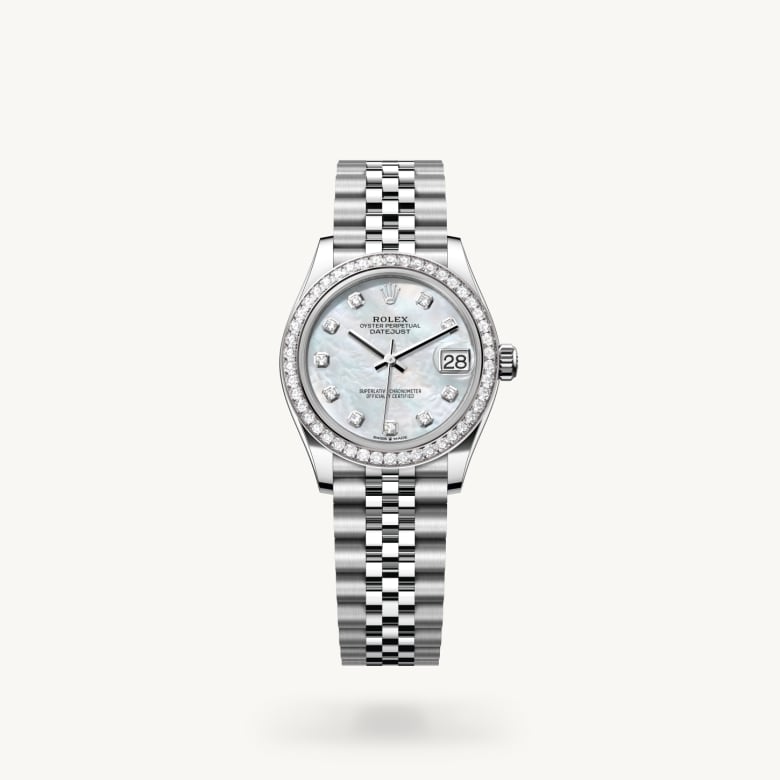 Rolex Datejust 31 [M278384RBR-0008] in white rolesor - combination of oystersteel and white gold with a white mother-of-pearl set with diamonds dial, diamond-set bezel, and oystersteel bracelet - Kirk Freeport