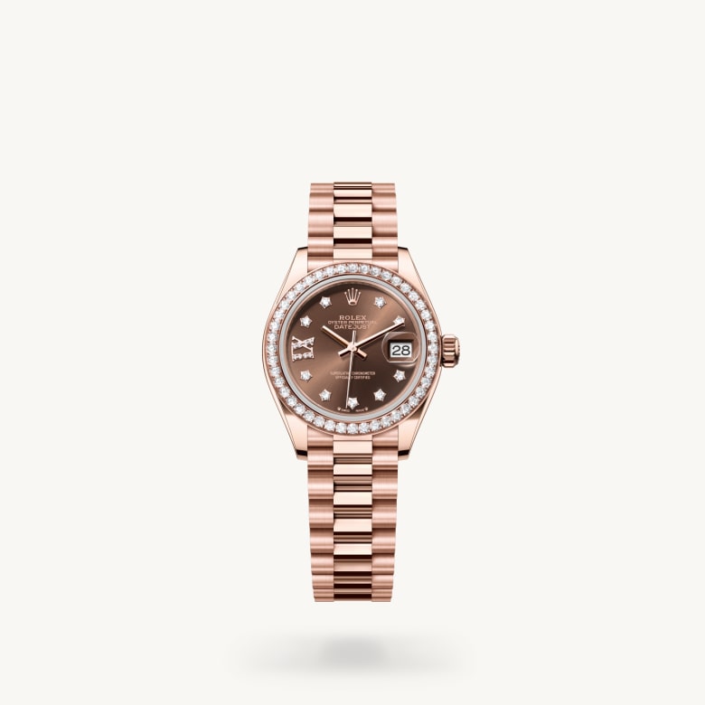 Rolex Lady-Datejust [M279135RBR-0001] in 18 ct everose gold with a chocolate set with diamonds dial, diamond-set bezel, and 18 ct everose gold bracelet - Kirk Freeport