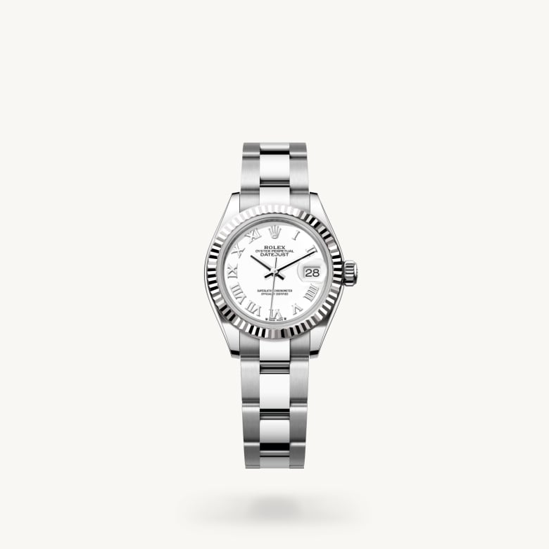 Rolex Lady-Datejust [M279174-0020] in white rolesor - combination of oystersteel and white gold with a white dial, fluted bezel, and oystersteel bracelet - Kirk Freeport
