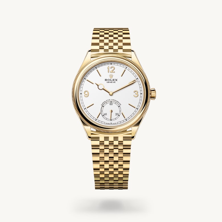 Rolex 1908 [M52508-0008] in 18 ct yellow gold with a intense white dial, domed and fluted bezel, and 18 ct yellow gold bracelet - Kirk Freeport