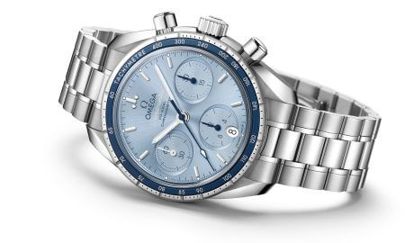 Omega light blue and metallic grey watches