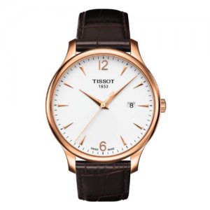 Tissot Watches gold watch with a brown band