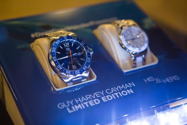 Kirk Freeport TAG Heuer New Guy Harvey Limited Edition Timepiece monochromatic metallic grey and metallic grey and blue timepieces