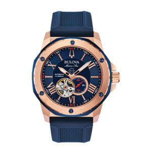 Bulova Men’s Marine Star Rose Gold Plated Automatic Blue Dial Rubber Strap Watch at Kirk Freeport in Cayman Islands
