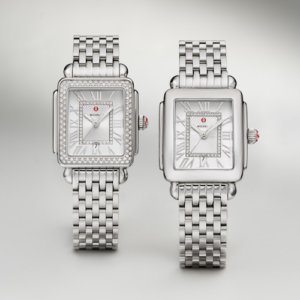 Two silver Michele watches with square dials