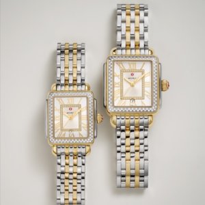 Two Michele watches in gold and silver with square dials