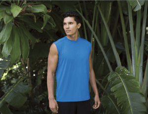 Beat the Summer Heat and Stay Cool in Cariloha man in blue tank top in tropics